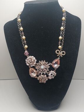 Betsey Johnson Rhinestone Skull Floral Bow Choker Necklace
